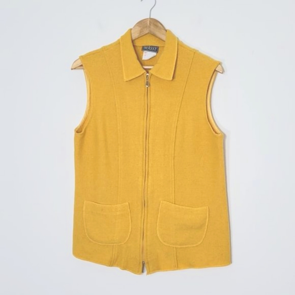 Vintage Massy Yellow Sleeveless Zip-Up Wool-Blend Vest Laying Top Pocket Size 8